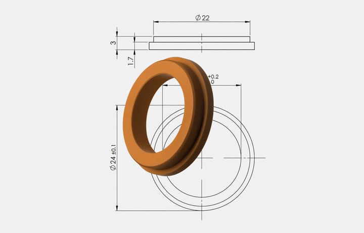 Orange shaped gasket overlaying its dimensioned technical drawing on a light background
