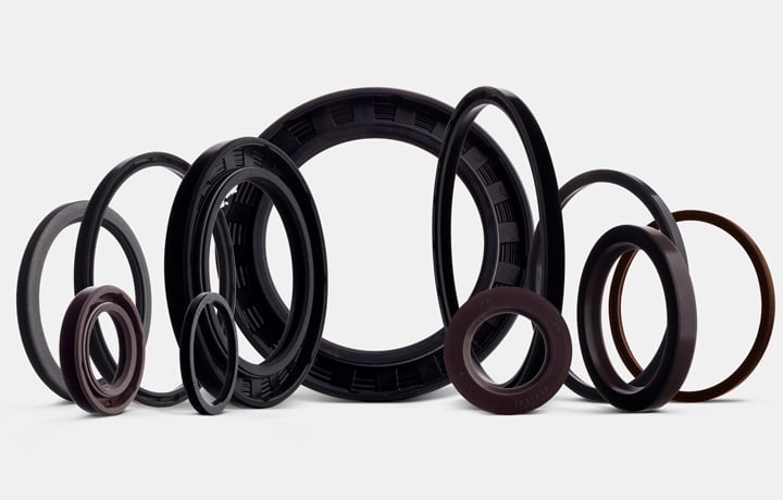 Selection of rubber rotary shaft lip seals and oil sealing rings on a white background